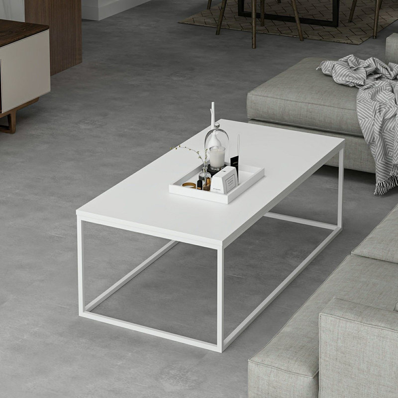 Table basse moderne blanche avec structure en métal, 47,2 po x 16,5 po x 23,6 po | 100% panneau de particules enduit de mélamine, épaisseur: 0,7 pouce | Conception élégante de couleur unie, parfaite pour le salon et les espaces contemporains