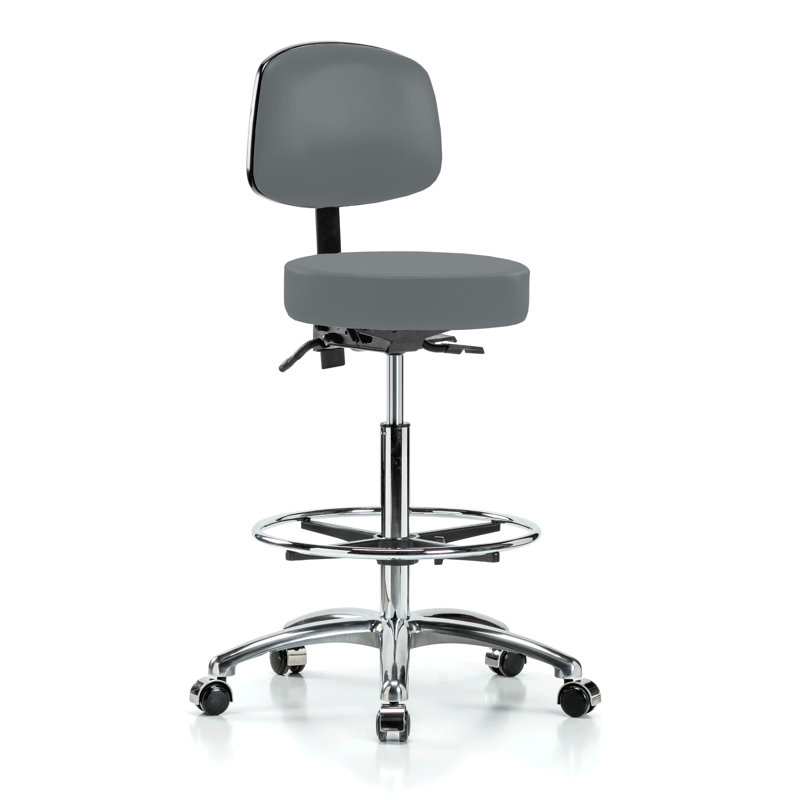 PERCH Chrome Walter Height Adjustable Doctor's Stool with Back and Foot Ring | High Bench Height 25-35", Cinder Fabric