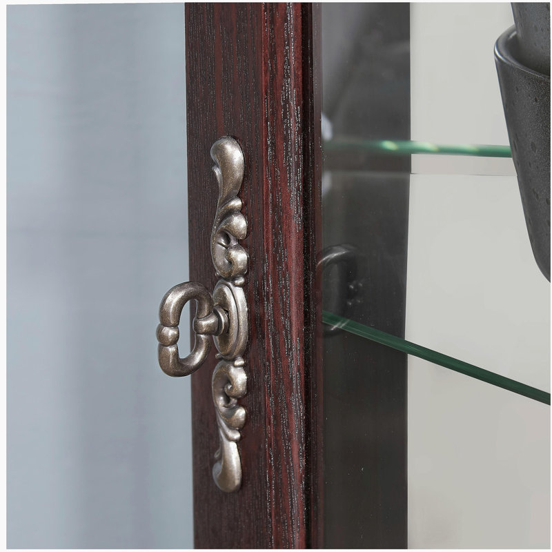 Lighted Corner Curio Cabinet With Tempered Glass Doors & Shelves - Elegant Oak Display Storage For Living Room & Bedroom Decor-Dark Cherry
