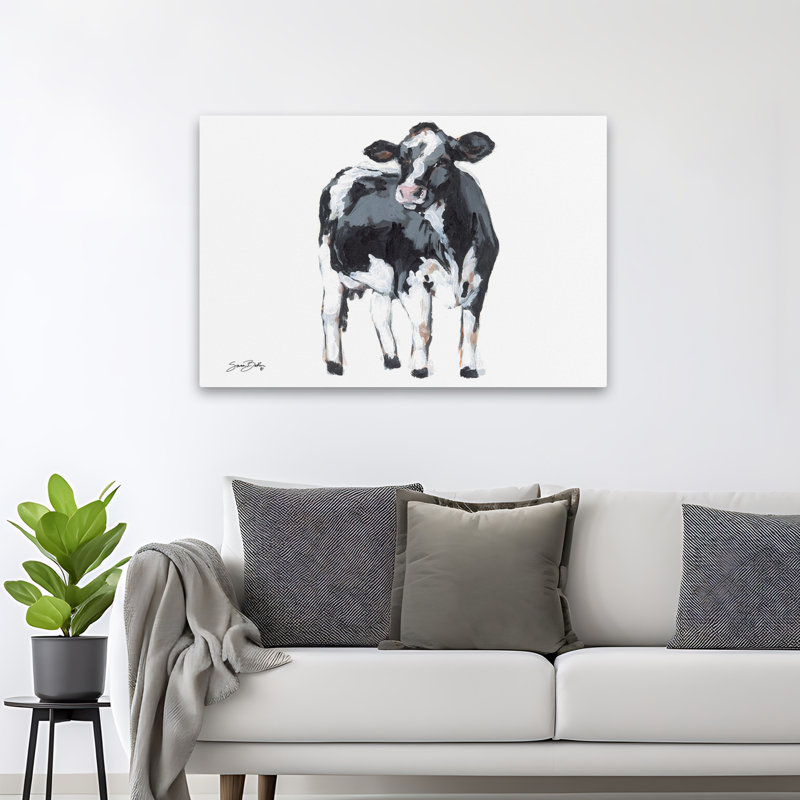 Vache laitière 2 - ferme moderne Holstein, veau de ferme, art en noir et blanc, H 32 po x l 48 po