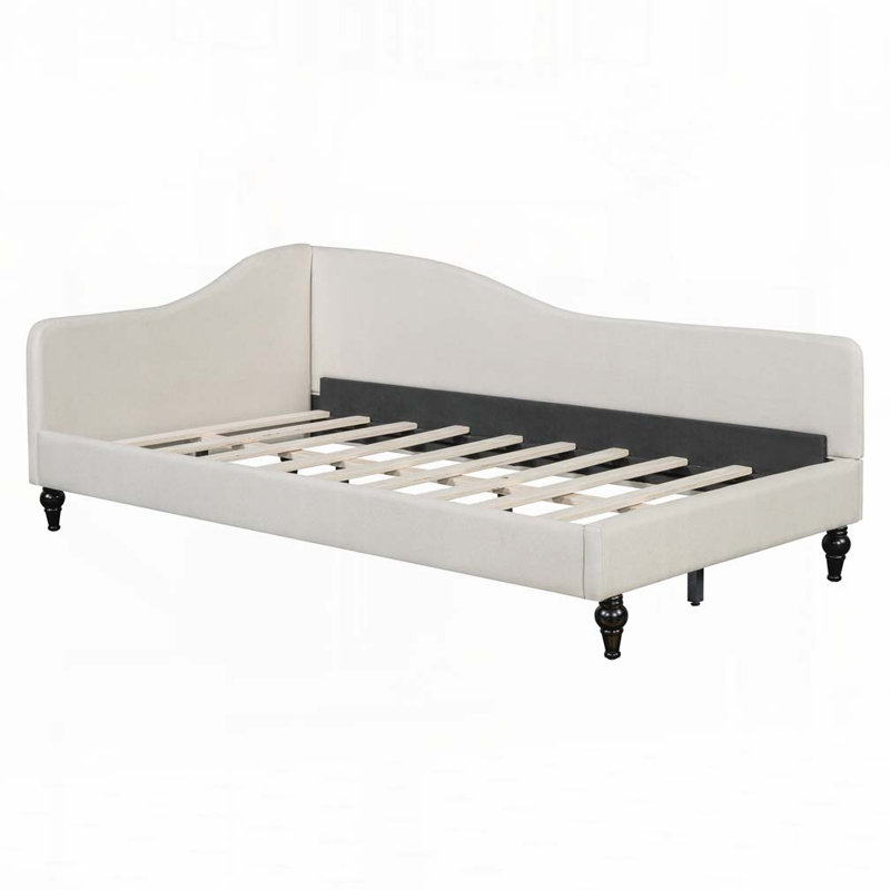 L-Shaped Linen Daybed, with Solid Wood Legs, Beige, Twin