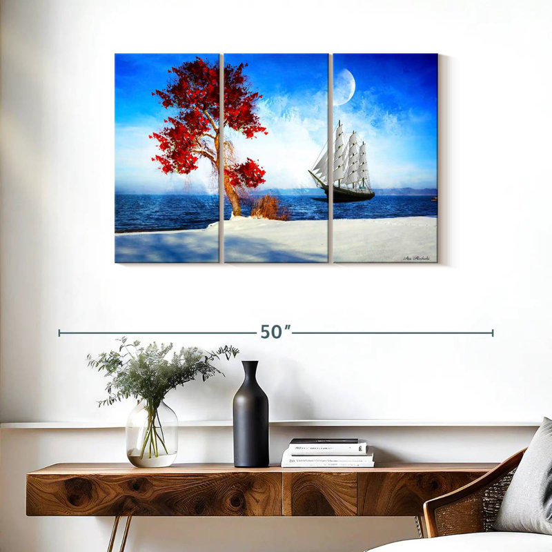 Arbre rouge Mehar et bateau, H 24 po x l 38 po