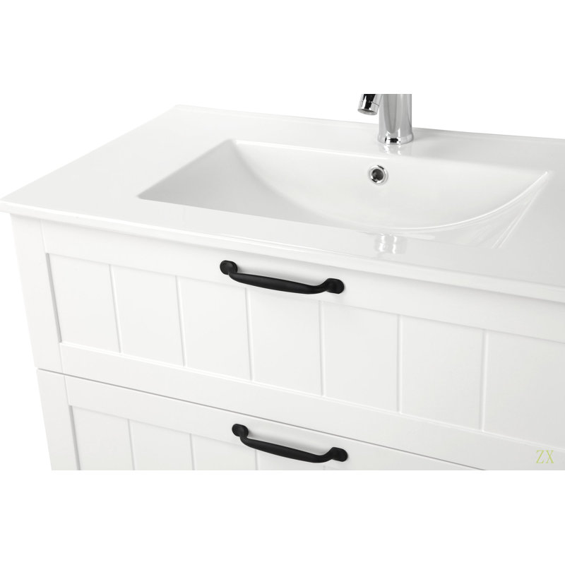 Armoire de meuble-lavabo 31,5 "avec lavabo, armoire flottante murale avec ligne décorative, système de fermeture en douceur, 2 très grands tiroirs, bois massif, pour la salle de bain