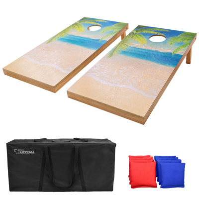 Ensemble de planches de jeu de cornhole en bois 4 x 2 pi GoSports - conception de plage tropicale, comprend 2 planches, 8 sacs à billes, un étui de transport et des règles de jeu