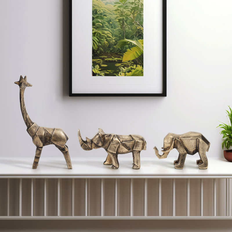 Gold Animal Sculptures for Home Decor – Set of 3 Aluminum Giraffe, Rhino, and Elephant Sculpture Figurines – Modern Decorative Objects for Kitchen Decor, Table Decorations, Shelf, or Living Room Display – 13", Gold