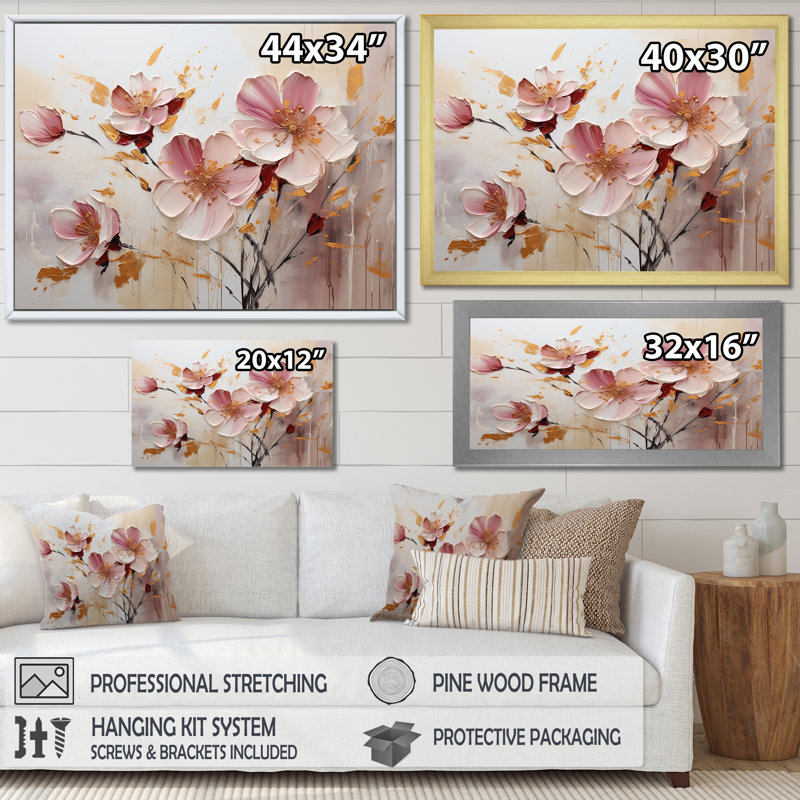 Rose et beige, fleur noire, vague fusion - impressions d'art murales florales, Cadre flottant doré, H 12 po x l 20 po