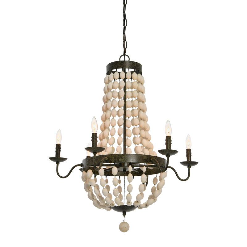 Metal and Draped Wood Bead Chandelier, Rustic Antiqued Metal/Cream