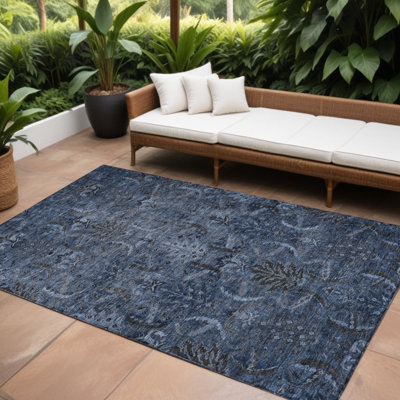 Tapis extérieur lavable damassé bleu marine et gris anthracite 9 pi x 12 pi