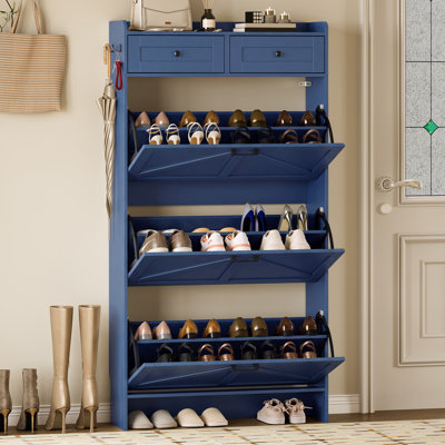 57.2"H Farmhouse Shoe Cabinet with 3 Flip Drawers & 2 Drawers – Narrow Freestanding Organizer for Entryway（30" W x 9.25" D x 57.2" H）