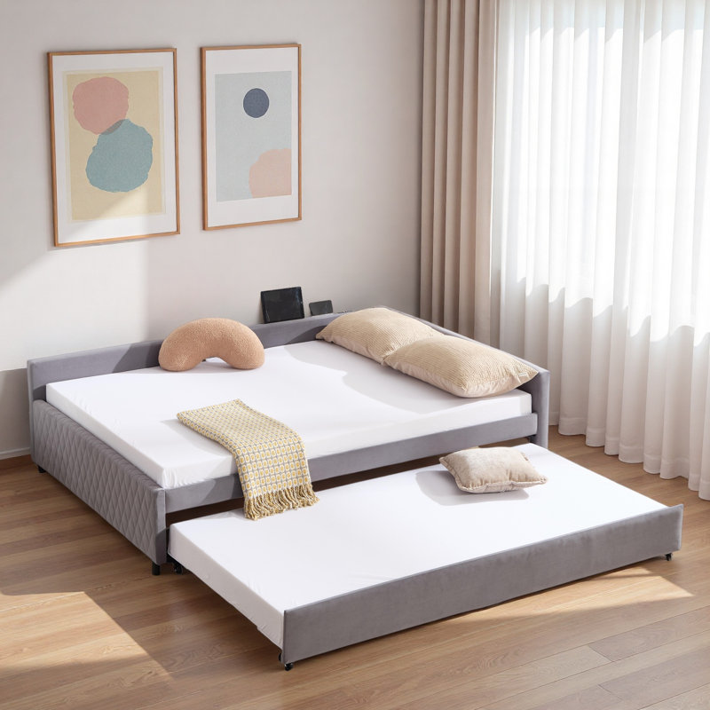 Upholstered Daybed With Trundle And Usb, Gray