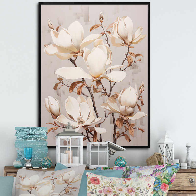 «Magnolias Dreamy Beige» sur toile, Cadre flottant noir, H 44 po x l 34 po x P 1,5 po