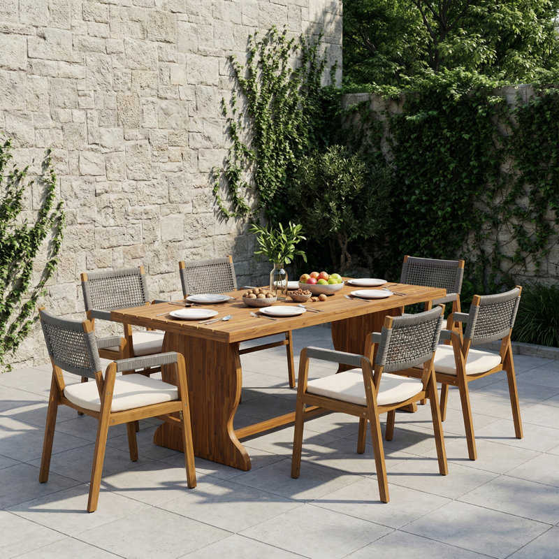 Brendalyn Patio Acacia Wood Dining Set With Woven Rope & Cushions, Gray Rope