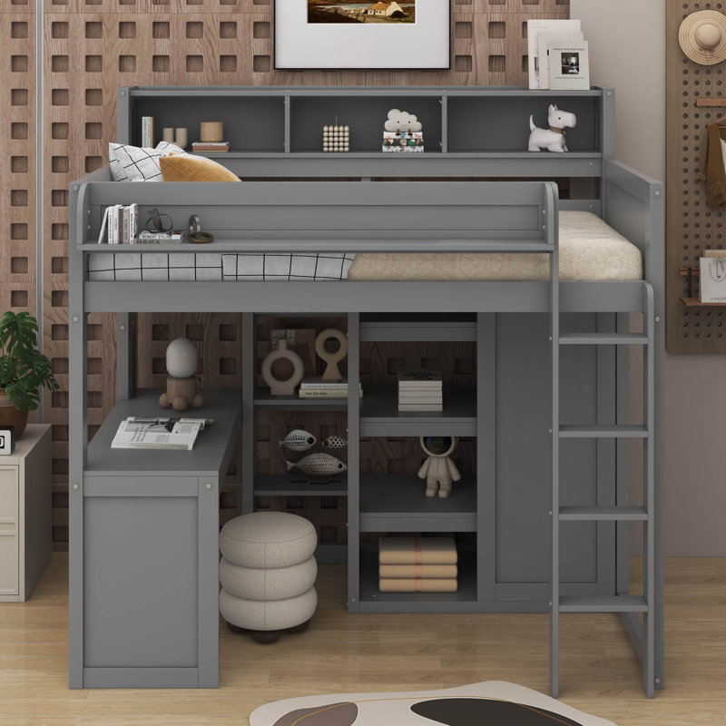 Lit mezzanine simple avec tablettes et garde-robe, Gris