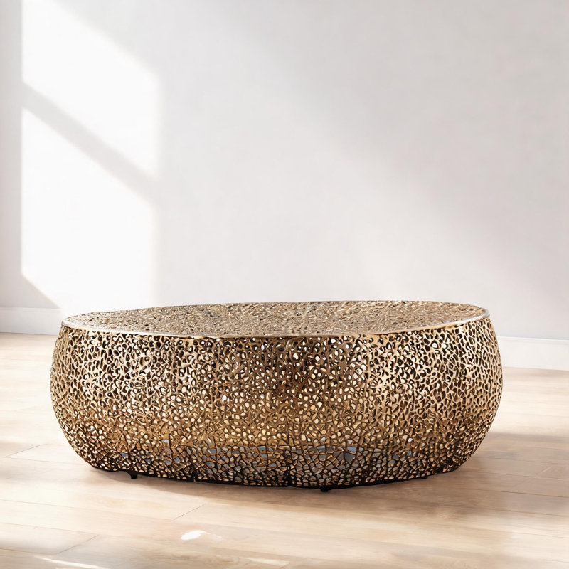 51-Inch Oval Coffee Table with Cast Aluminum Base, Gold Finish, Modern Contemporary Style