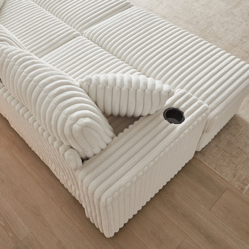Corduroy 3-Seater Sofa With 3 Back Pillows, 2 Toss Pillows , A Ottoman, 2 Storage Spaces And Cup-Holding Grooves