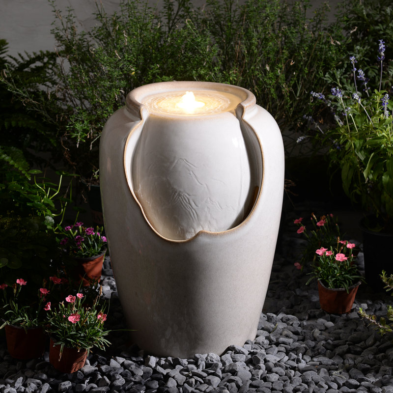 Ivory Ceramic Ripple Top Fountain, Decorative Water Fountain with LED Lights and Quiet Pump, Indoor Outdoor Water Feature for Patio, Garden, Deck, Balcony, Office and Home Décor, Relaxing Cascading Water Design