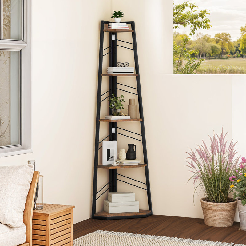 160 H × 35 W Corner Shelf Unit，Modern Ladder Shelving Unit, Rustic Brown/Black
