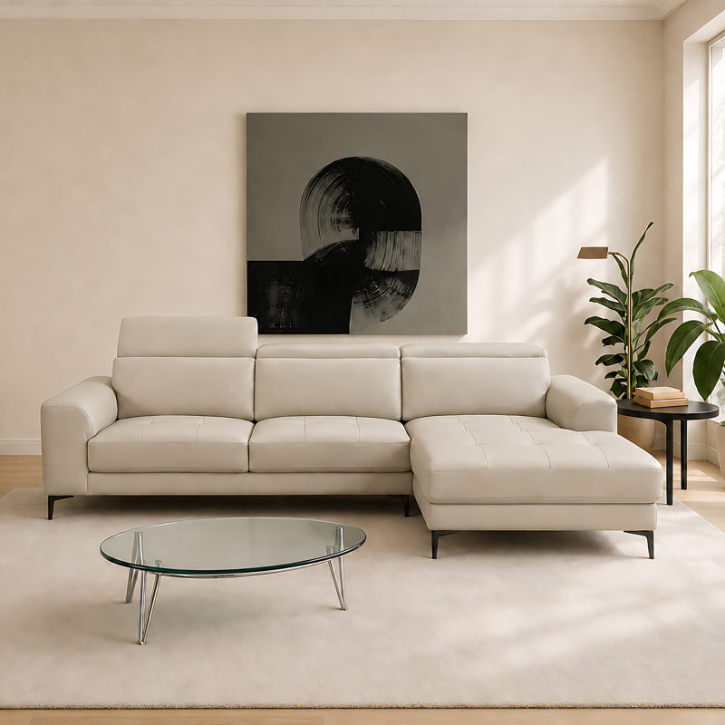 Canapé modulaire en L 109,3 po avec méridienne en cuir véritable avec repose-têtes réglables, gris, Cuir véritable gris