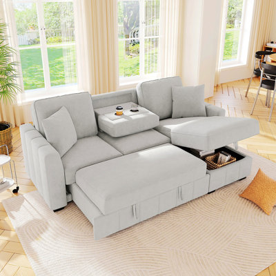 Canapé-lit modulaire en forme de L 90 po avec méridienne réversible avec rangement, coussin central rabattable avec deux porte-gobelets, revêtement en tissu tricoté Warp, canapé modulaire pour le salon