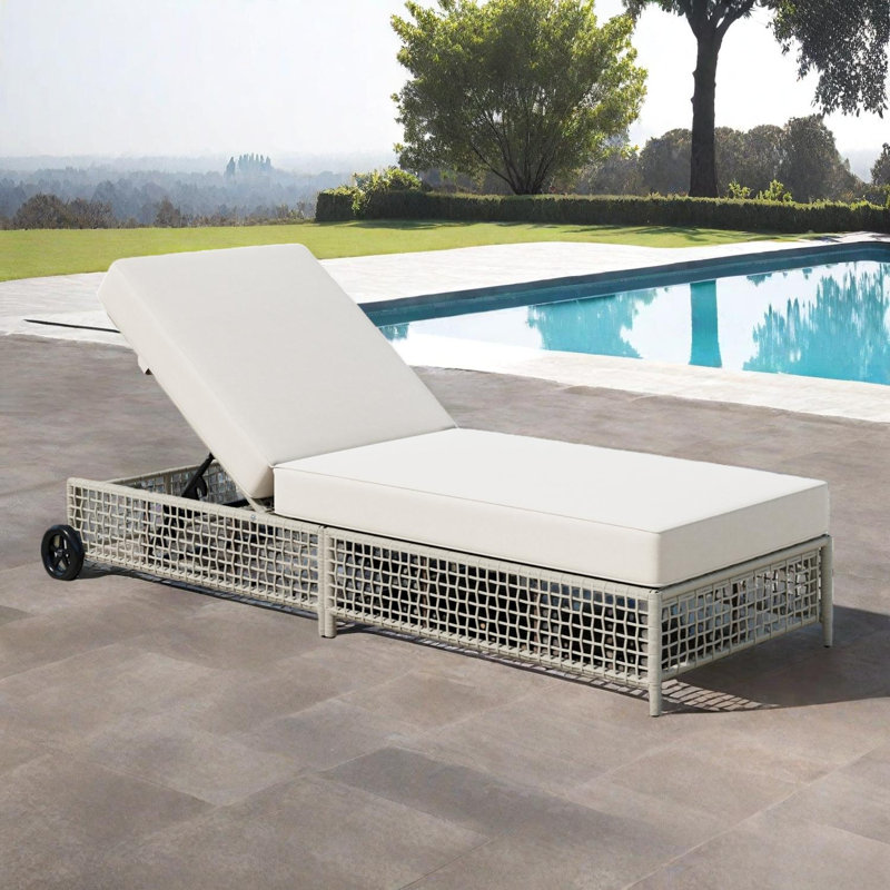 Outdoor Patio Chaise Lounge Chair With Adjustable Backrest, Cushion And Wheels, Cream
