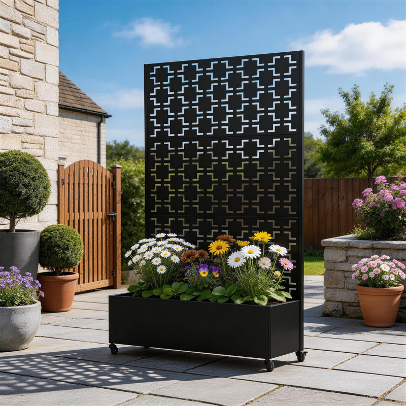 Boîte à fleurs en métal avec treillis et roues Lumi, H 70,8 po x l 47,2 po x P 15,7 po, Noir