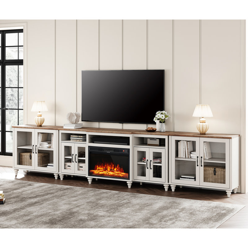 TV Stand, Home Entertainment Center With 18" Electric Fireplace, Entertainment Center With Storage Cabinet, Large TV Console With 4 Glass Doors, White