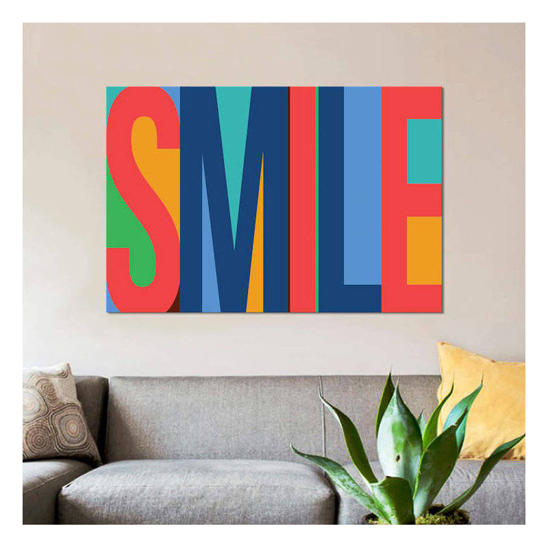 « sourire », art textuel sur toile, H 18 po x l 26 po x P 1,5 po