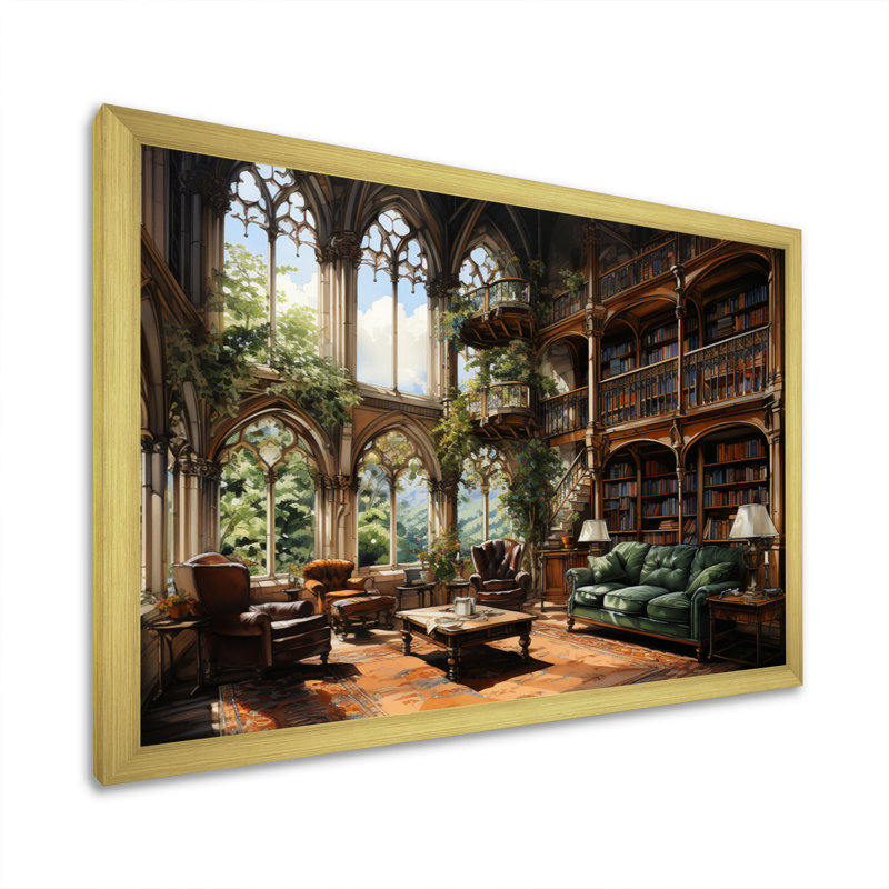 Art contemporain, bibliothèques, Haven I, Cadre doré simple, H 34 po x l 44 po x P 1,5 po