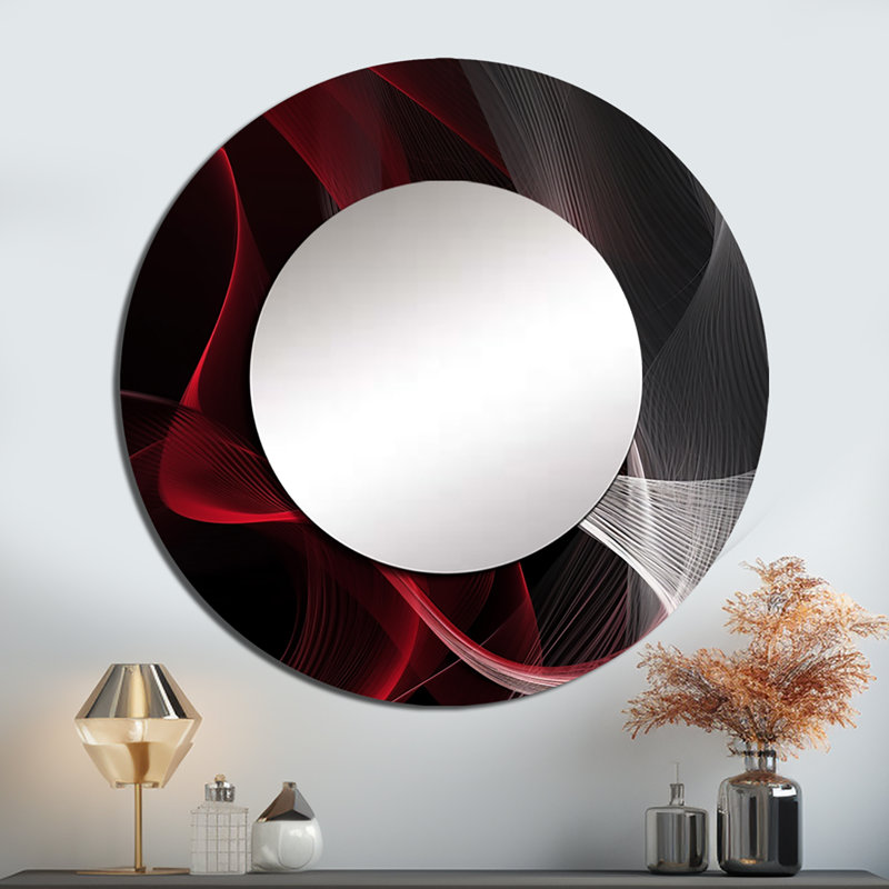 Pavanvir Red Black Contemplative Abstraction I - Waves Wall Mirror, Modern Round Decorative Mirror, Printed Metal Art