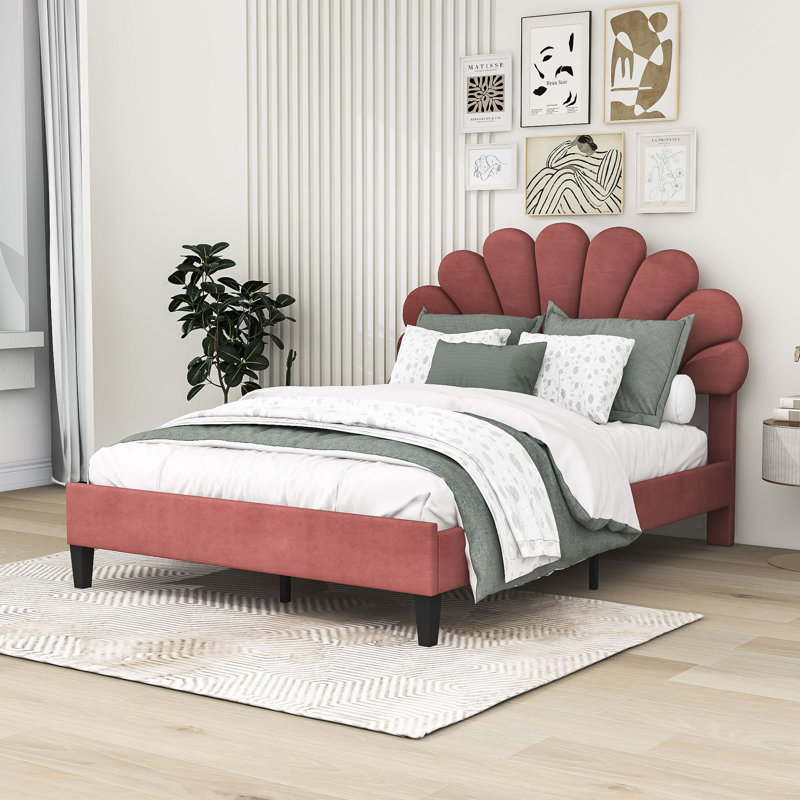 Mireia Upholstered Wooden Platform Bed with Headboard, Bean Paste Red, Queen