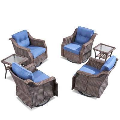 Ensemble de salon d'extérieur 6 pièces de qualité supérieure, 4 chaises berçantes pivotantes et 2 tables d'appoint en verre trempé, ensemble de meubles d'extérieur en osier pour le patio, le jardin, la cour et la piscine