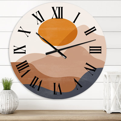 Abstrait lune rouge dans les montagnes aux tons de terre II - horloge murale moderne