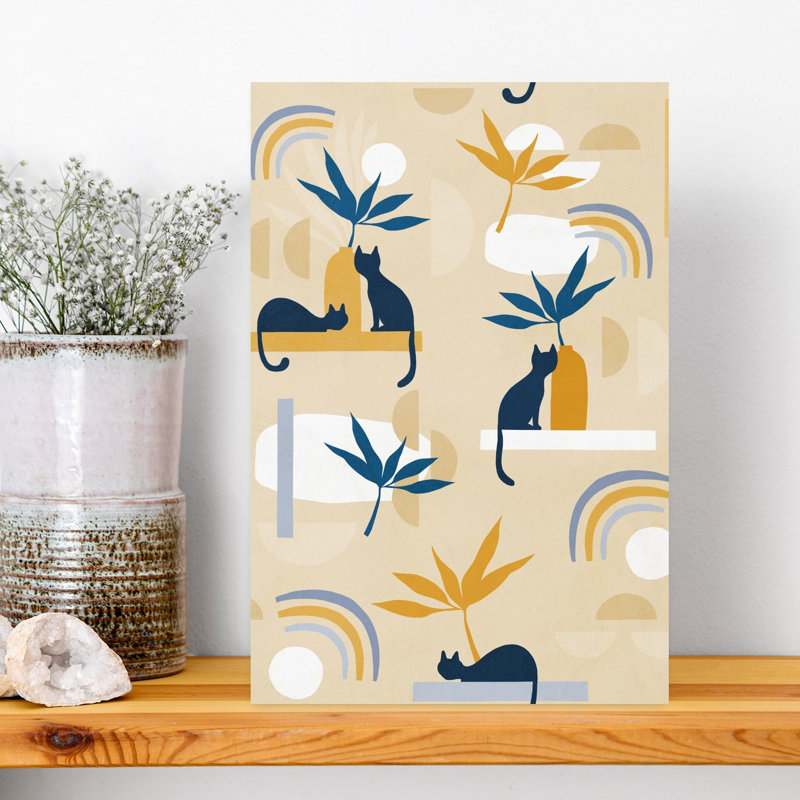 Modern Cats And Plants Abstract Contemporary Geometric Cat Plant Landscape Wall Art Print 1 Piece Wrapped Canvas Wall Art