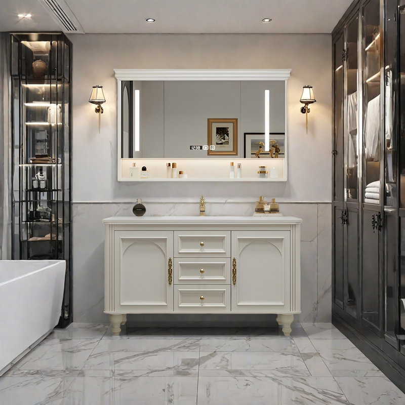 French cream style rock plate bathroom cabinet, 31.49" H x 47.24" W x 21.65" D