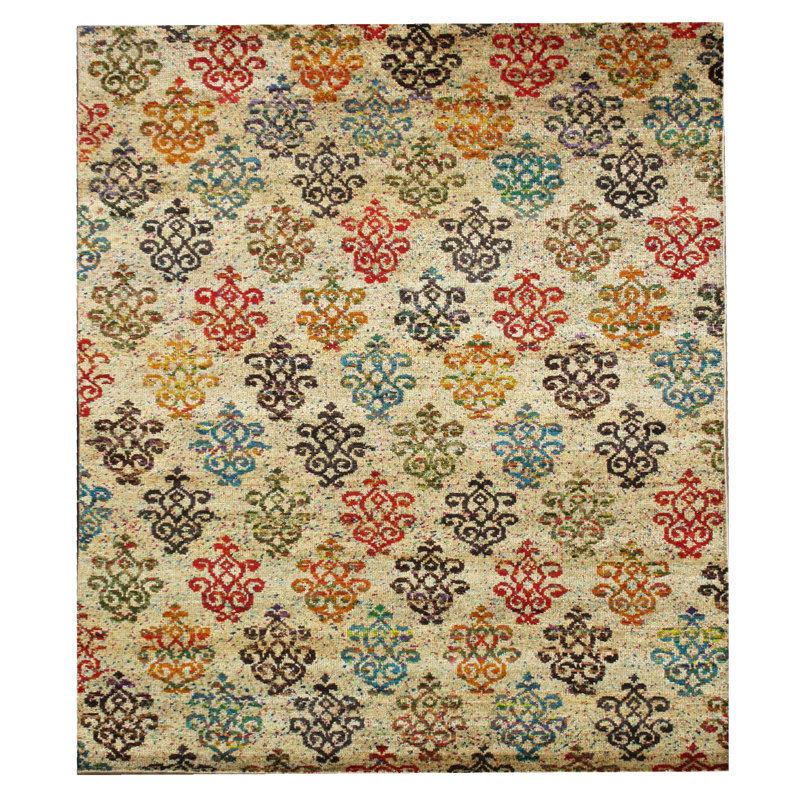 Tapis en soie noué à la main 9X12, Rectangle 7 pi 11 po x 10 pi