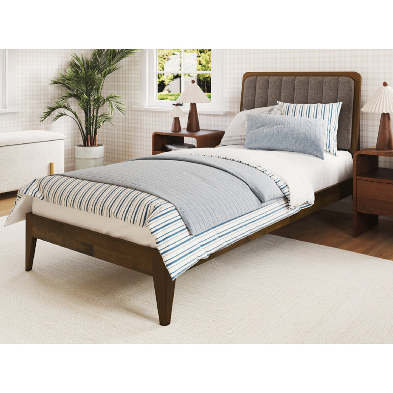 Bethelmie Solid Wood Upholstered Headboard Bed Frame, Walnut/Brown, Twin