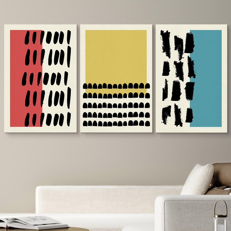 Abstract Vibrant Color Blocks " Red, Yellow And Blue Multicolor Blocks With Dark Ink Shapes Geometric Patterns Modern Art Nordic " 3 - Pieces