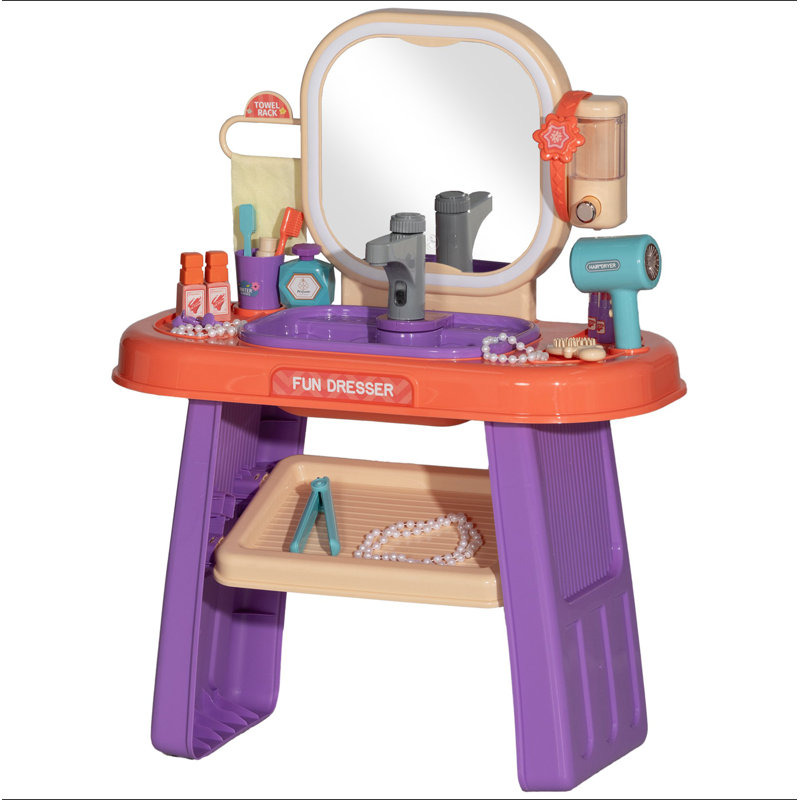 Qaba Kids Vanity Set, Toddler Makeup Table With Faucet, Mirror, LED Light, Music, 23 Accessories, Pretend Play Set For Girls 3-6 Years