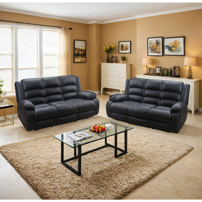 87.01'' Wide Modern Soft Vegan Leather Manual Reclining Sofa With Hide Console (Set of 2)
