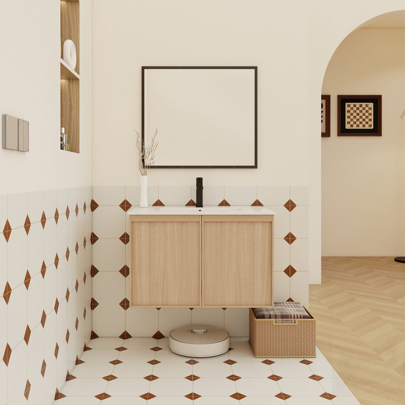 Meuble-lavabo flottant avec lavabo, armoire murale, cuve en céramique à bord mince, portes à fermeture en douceur, rangement spacieux, installation facile