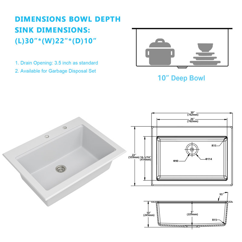30'' L x 22'' W Quartz Drop-in Single Bowl Kitchen Sink, Granite Composite Workstation Kitchen Sink with Sink Grid, Strainer, Cutting Board and Roll-uo Rack