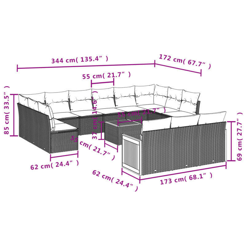  Ensemble de canapé de patio 14 pièces avec coussins en rotin de polyester noir