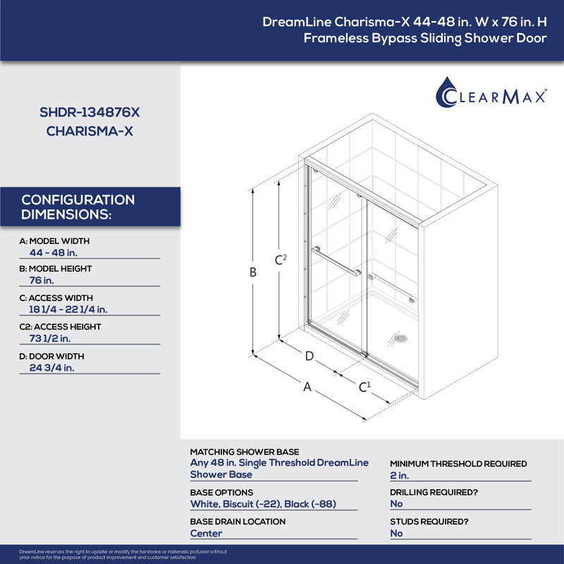 Charisma-X 48'' W x 76'' H Chrome Frameless Sliding Shower Door