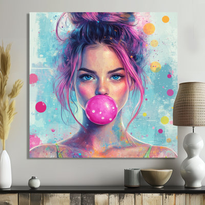 Bubblegum Woman Portrait - Fashion Metal Wall Art Decor, Glam Metal Print