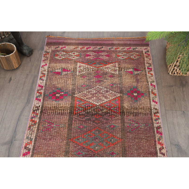 Tapis brun rétro en laine à motif patchwork 29,9 x 140,2 pouces