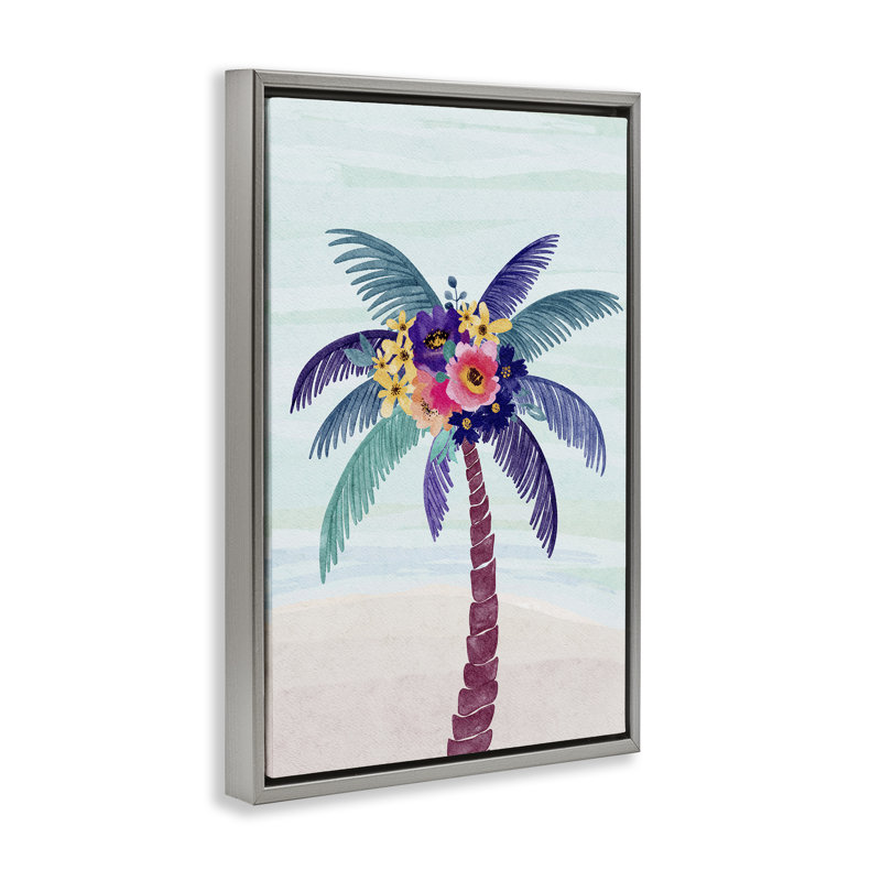 Toile flottante florale Palm Tree Beach par JJ Design House LLC, Cadre flottant gris lustré, H 25 po x l 17 po