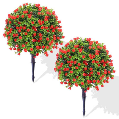 Set Of 2 Artificial Plants Outdoor, Topiary Ball Trees With Red Fake Rose Flowers, With Ground Spike, Faux Plants For Outdoor Garden, Porch Decor(red)