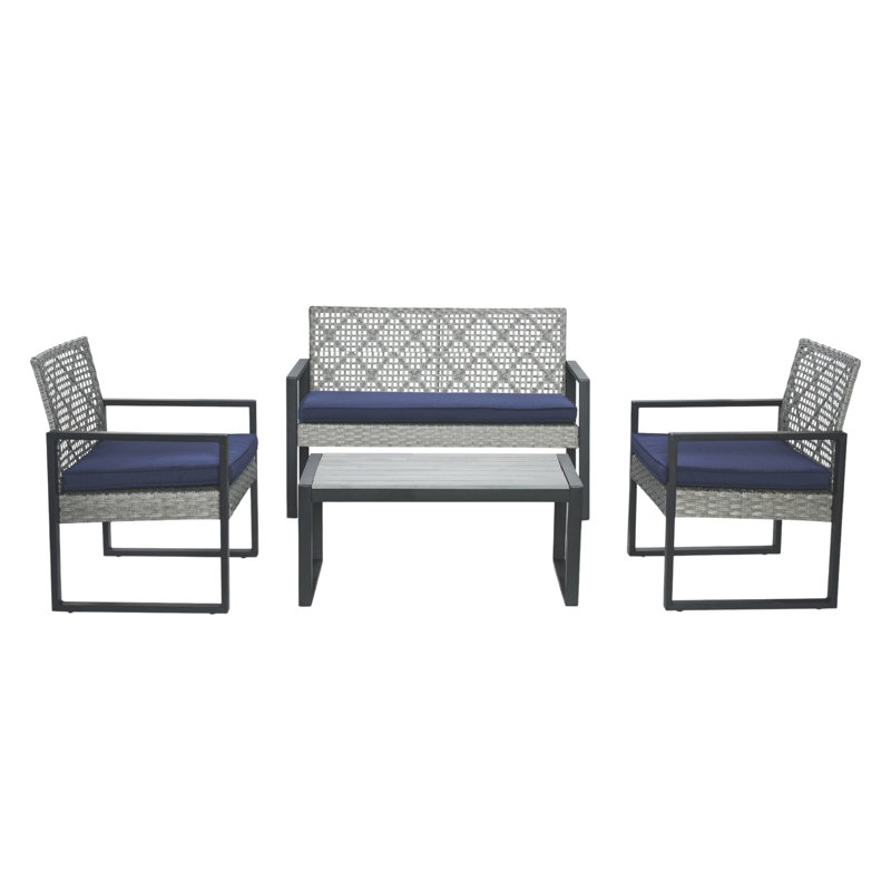 Mobilier de patio 4 pièces pour l'extérieur: gris, coussins bleus, table en bois, design américain, sièges avec coussins et canapé modulaire 4, balcon