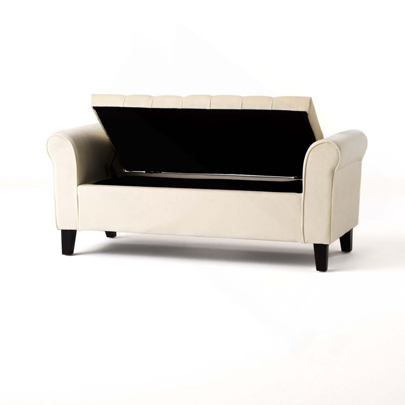 Banc de rangement capitonné à boutons avec accoudoirs roulés et plateau relevable pour des sièges et un rangement polyvalents