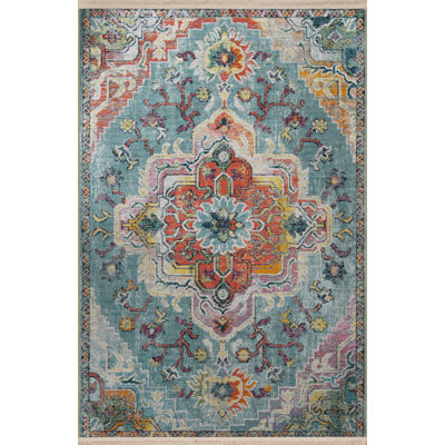 Tapis décoratif bleu à motif floral frangé à motif floral traditionnel